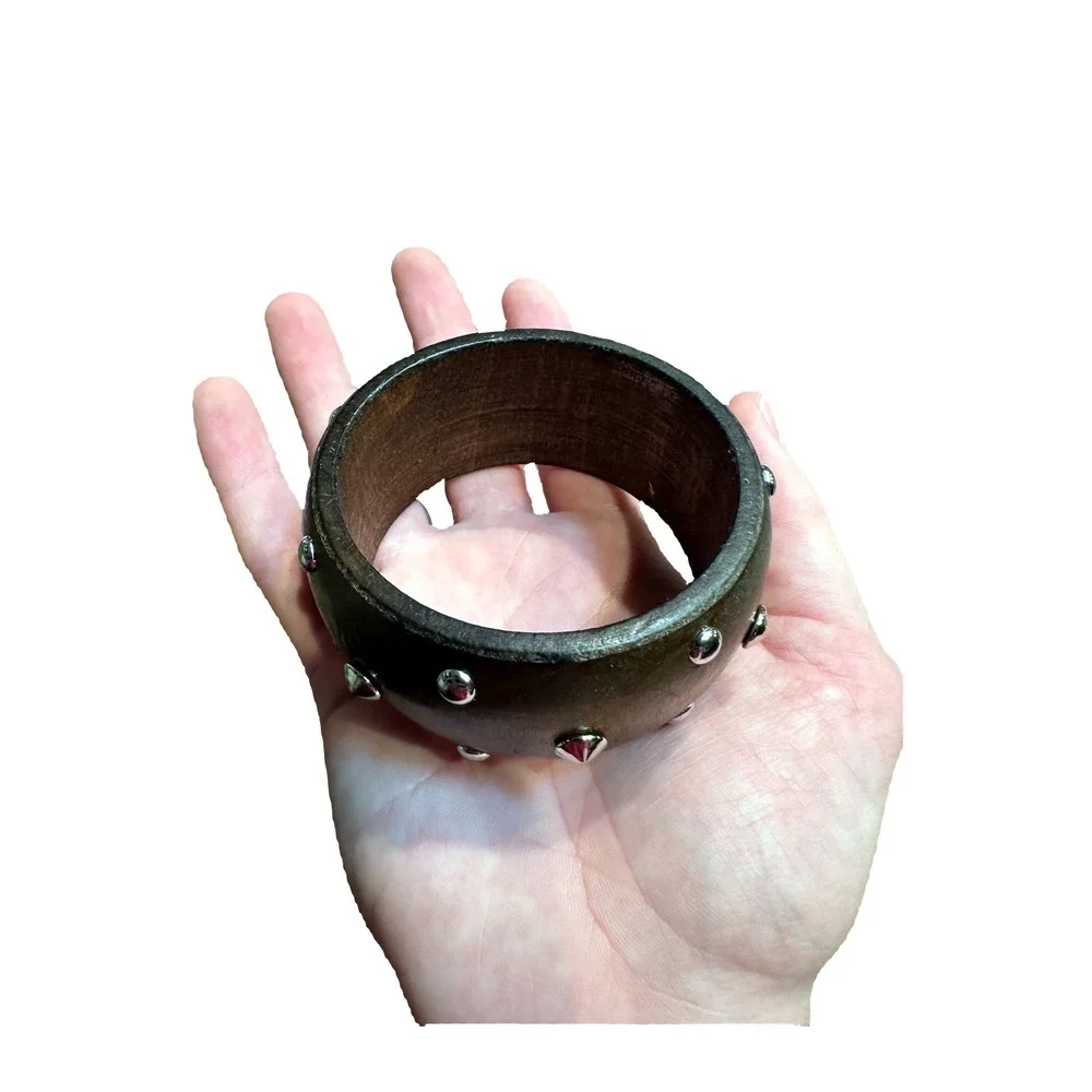 NEW Brown Wood Bangle Bracelet Silver Studded Wide Chunky Boho Western Statement